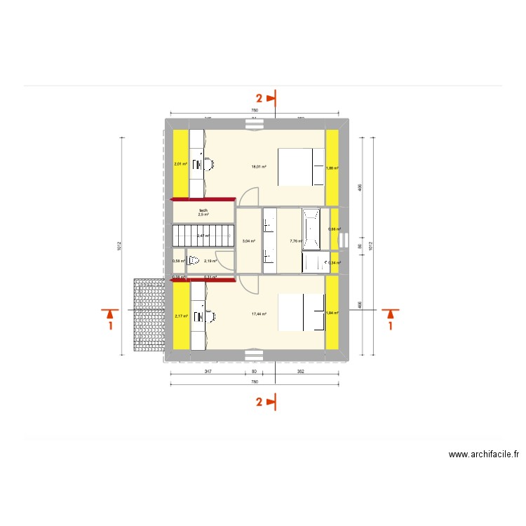 Bayonne R+2.6. Plan de 16 pièces et 63 m2