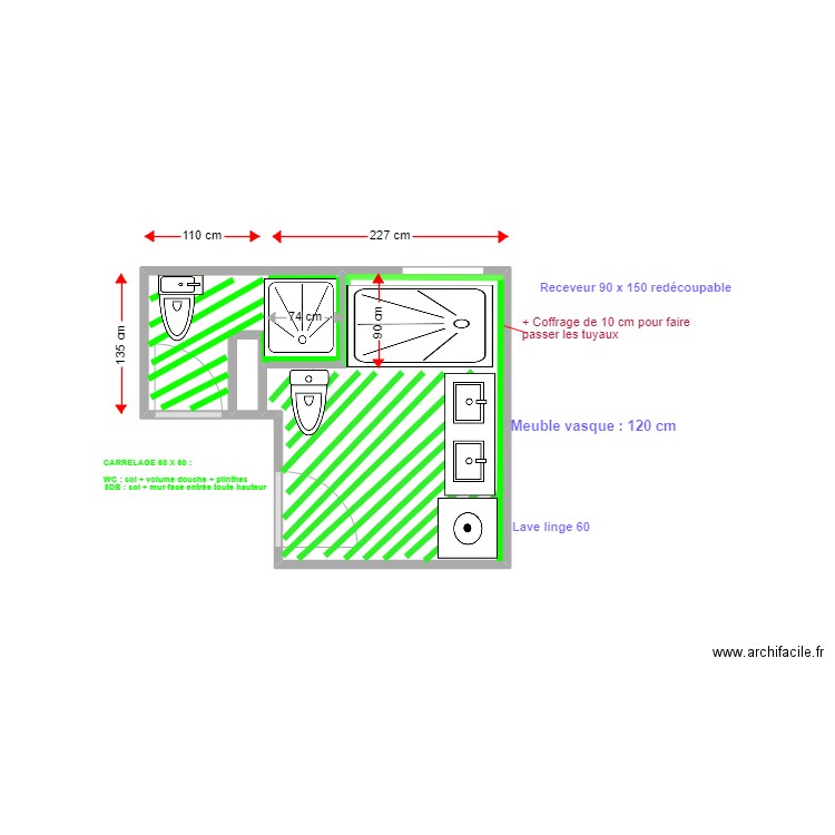 erika PROJET carrelage. Plan de 3 pièces et 7 m2