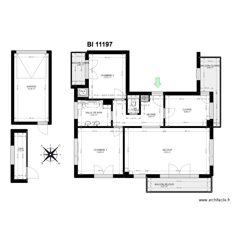 BI 11197;. Plan de 18 pièces et 108 m2