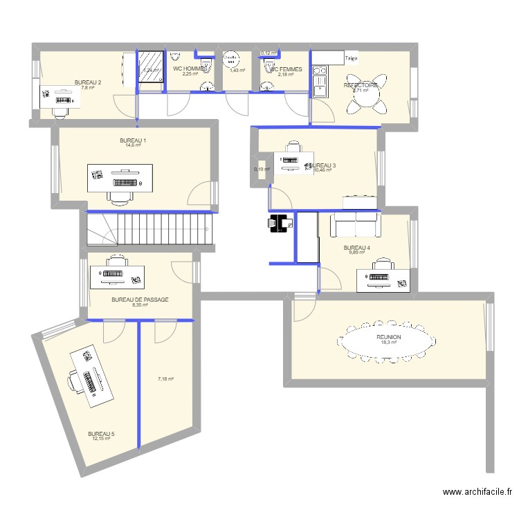 BUREAUX VF SANS FOND. Plan de 15 pièces et 105 m2