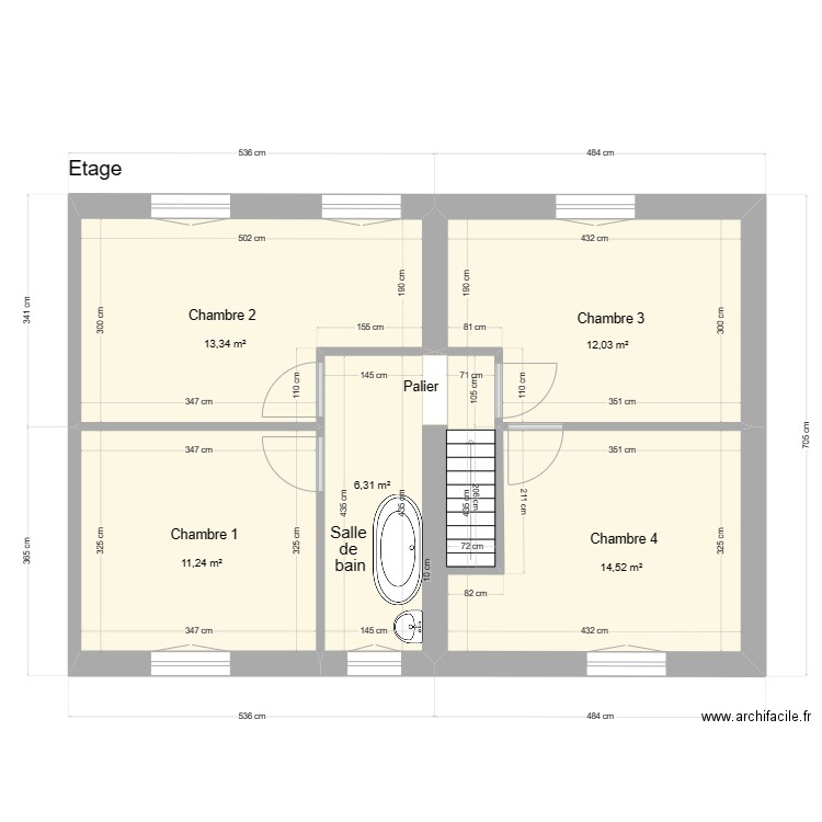 Bergère étage. Plan de 5 pièces et 57 m2