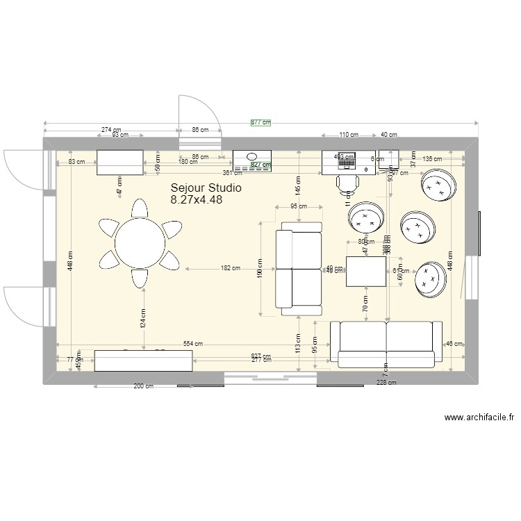 studio séjour dimensions portes et fenetes . Plan de 1 pièce et 37 m2