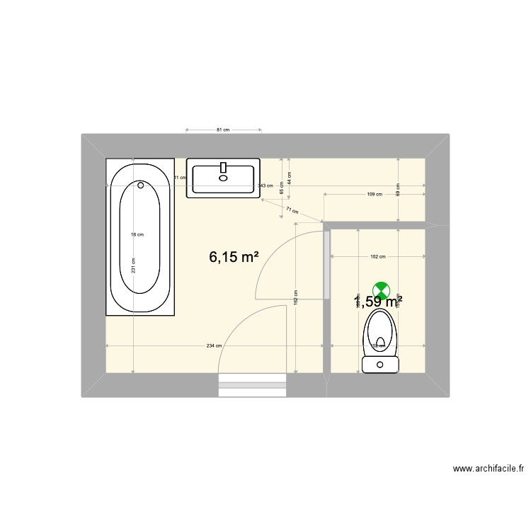 SDB RCD Ouest Cavée verte. Plan de 2 pièces et 8 m2