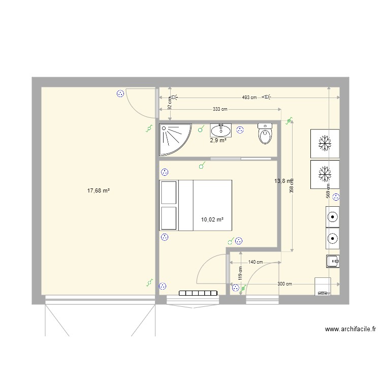 Chambre avec WC. Plan de 4 pièces et 44 m2