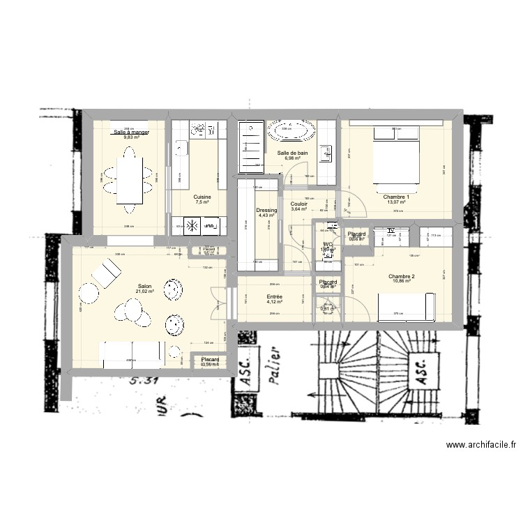 Caulaincourt_3. Plan de 15 pièces et 86 m2