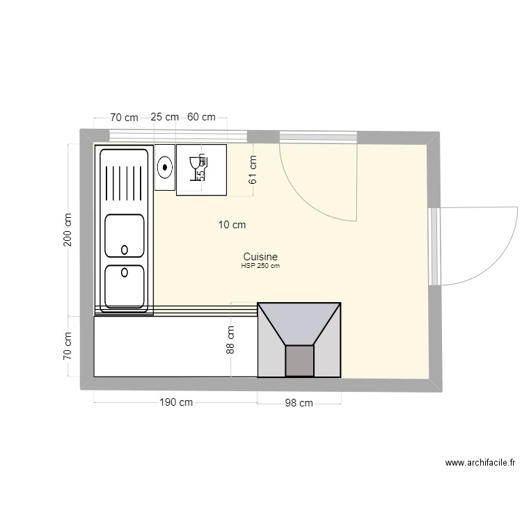 Cuisine école de Limauges. Plan de 1 pièce et 11 m2