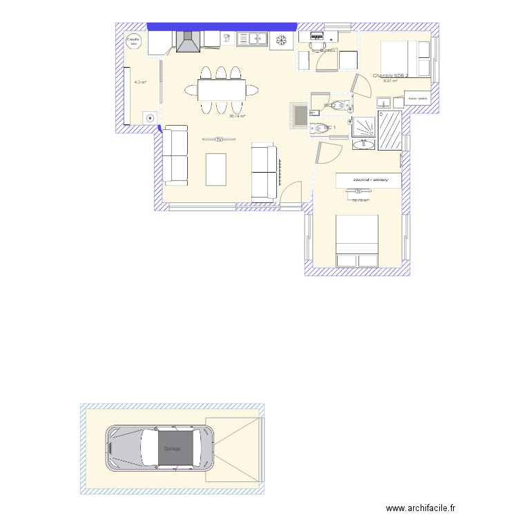 Projet 90 m2 2 CH avec SDB Bureau. Plan de 0 pièce et 0 m2