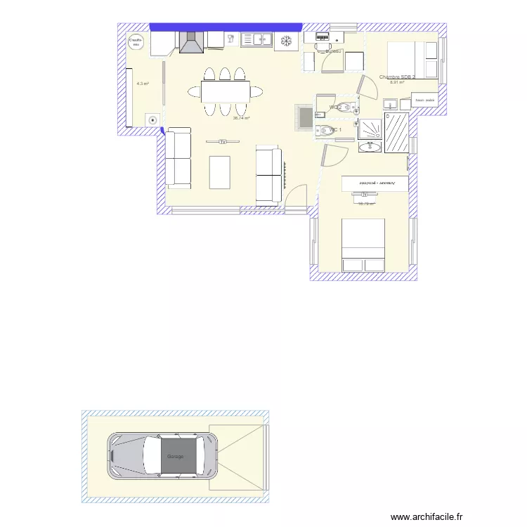 Projet 90 m2 2 CH avec SDB Bureau. Plan de 