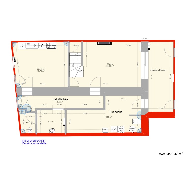 Rez-de-chaussée plan sanitaires plomberie. Plan de 6 pièces et 86 m2