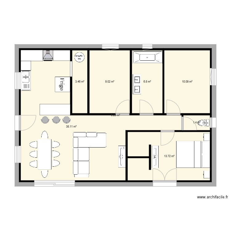 plein pied 90m2 3 chambres. Plan de 0 pièce et 0 m2