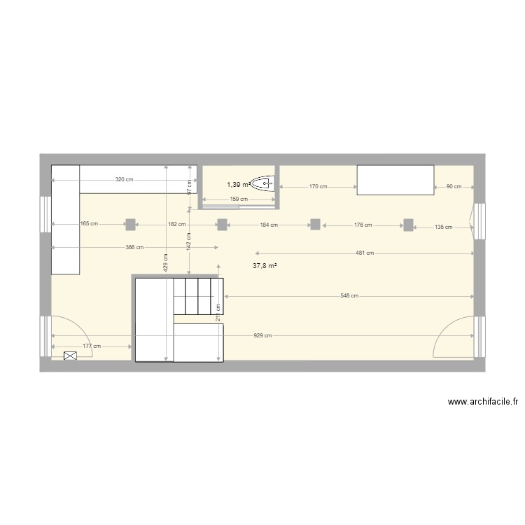 MuretBarry0EscalierBalancé Inversé. Plan de 2 pièces et 39 m2