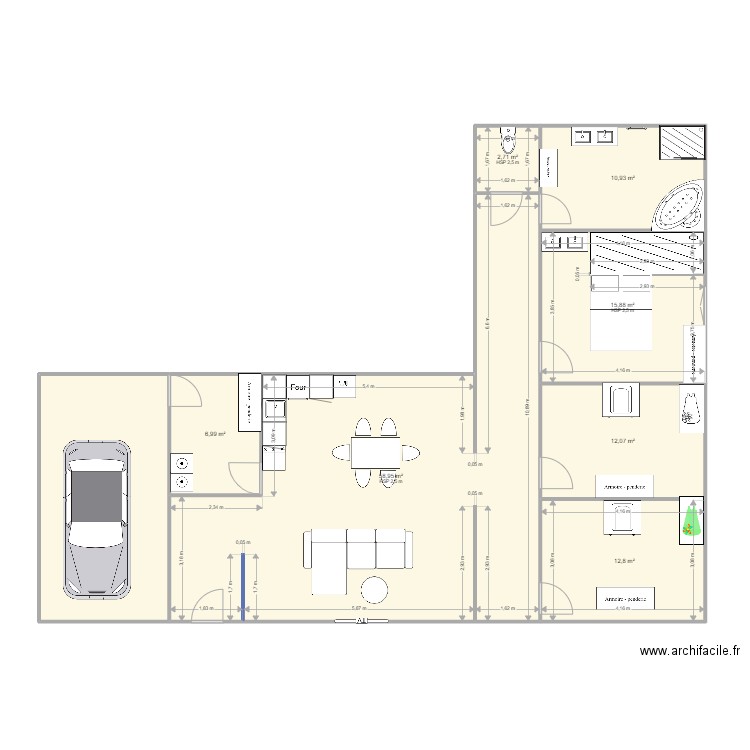 plan maison en L. Plan de 8 pièces et 141 m2