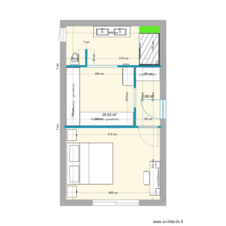 suite parentale 22/05/2023. Plan de 2 pièces et 30 m2