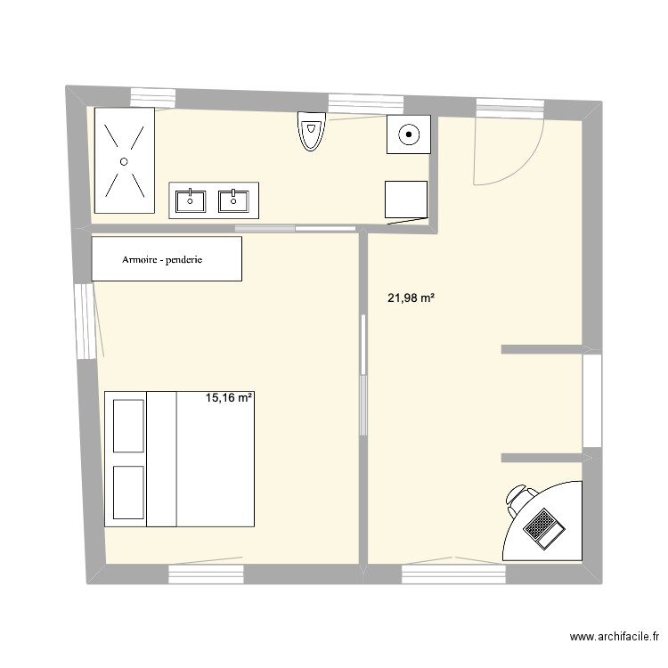 hayat. Plan de 2 pièces et 37 m2