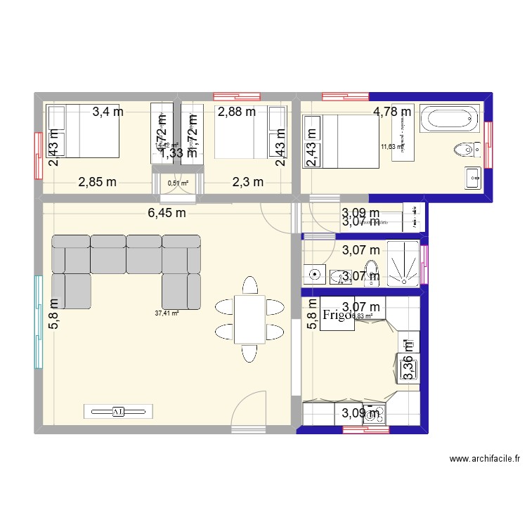 plan caz-pi 3cbres. Plan de 6 pièces et 80 m2