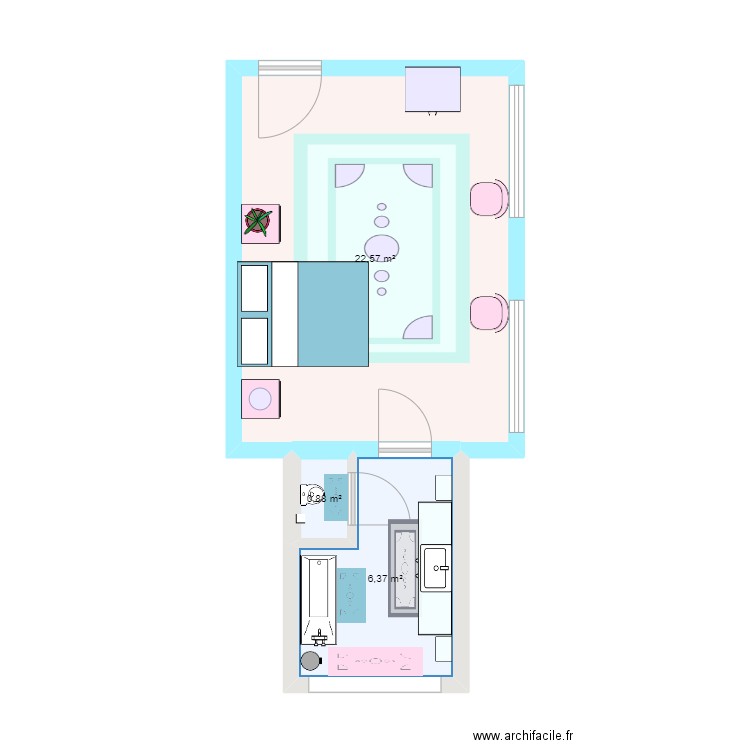Plan de chambre + salle de bain. Plan de 3 pièces et 30 m2