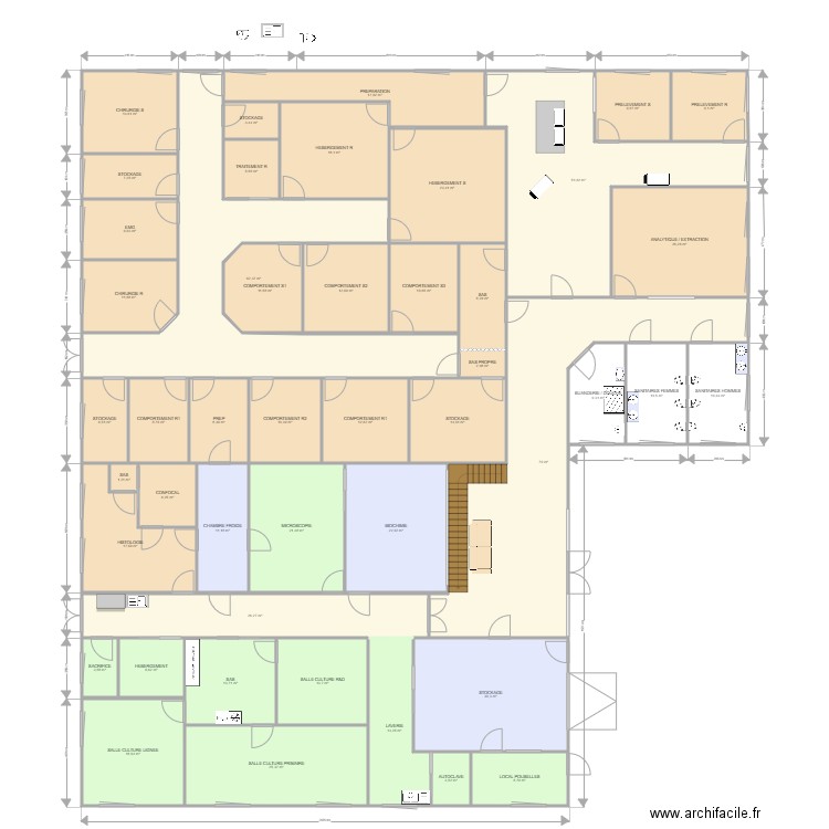 Implantation5. Plan de 46 pièces et 721 m2