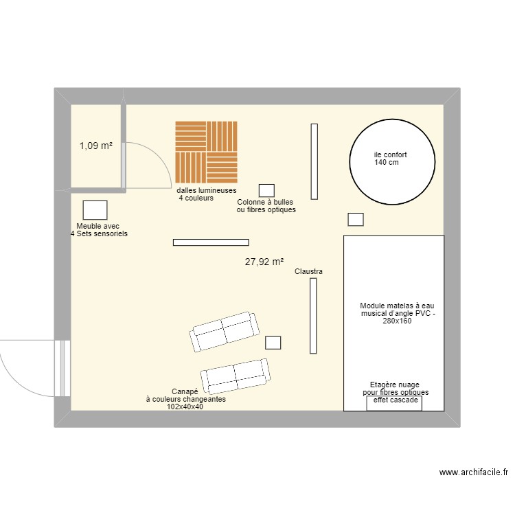 salle Snoezelen. Plan de 2 pièces et 29 m2