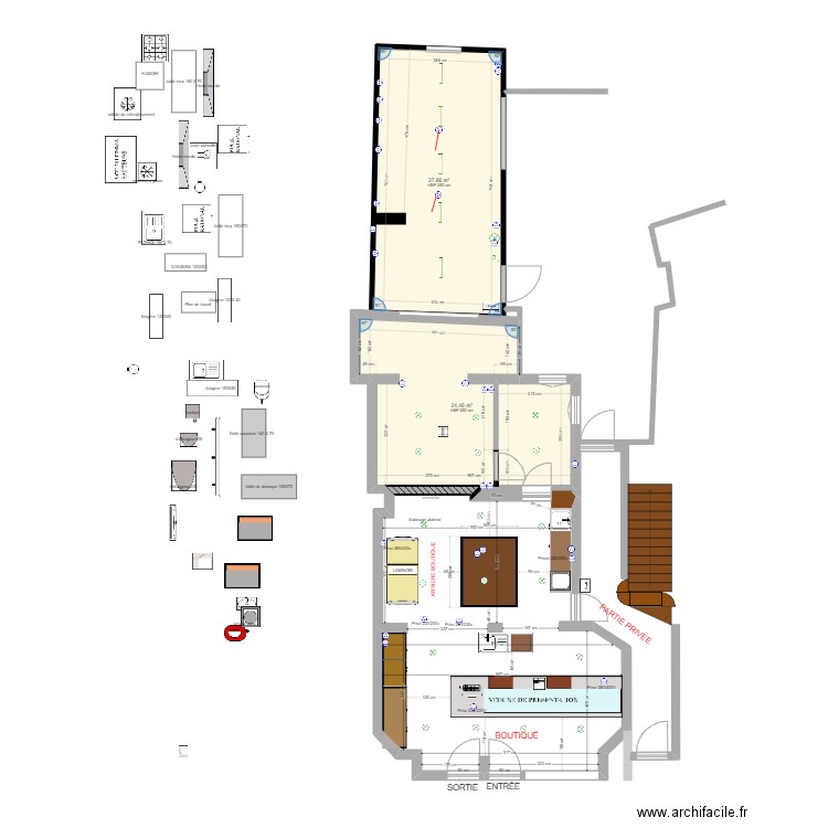 boutique 2. Plan de 2 pièces et 52 m2