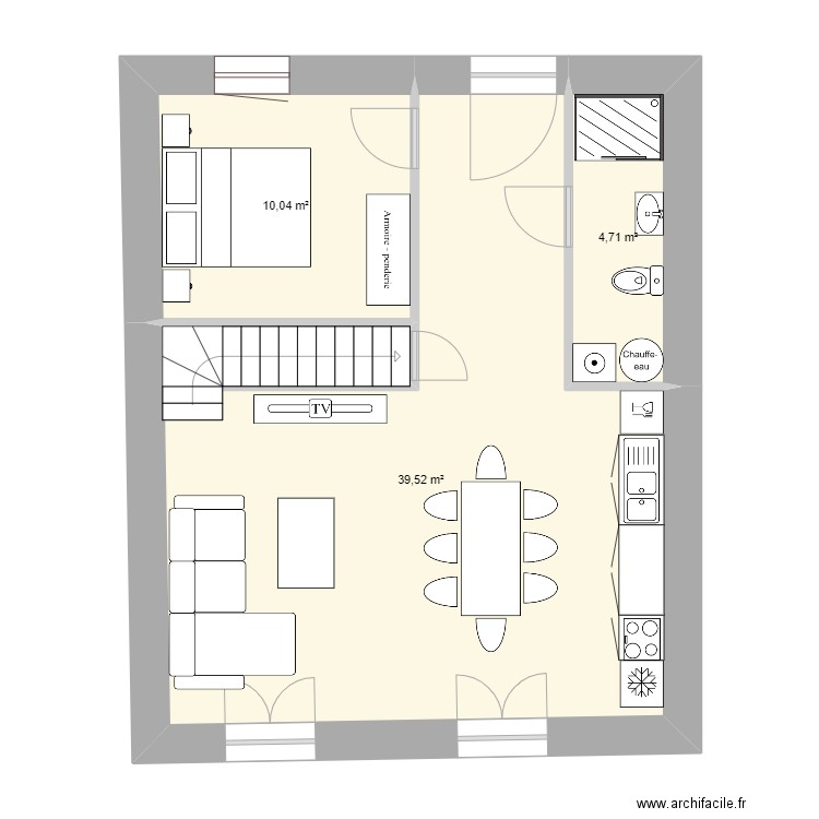 Aménagement  M1 RdC. Plan de 3 pièces et 54 m2