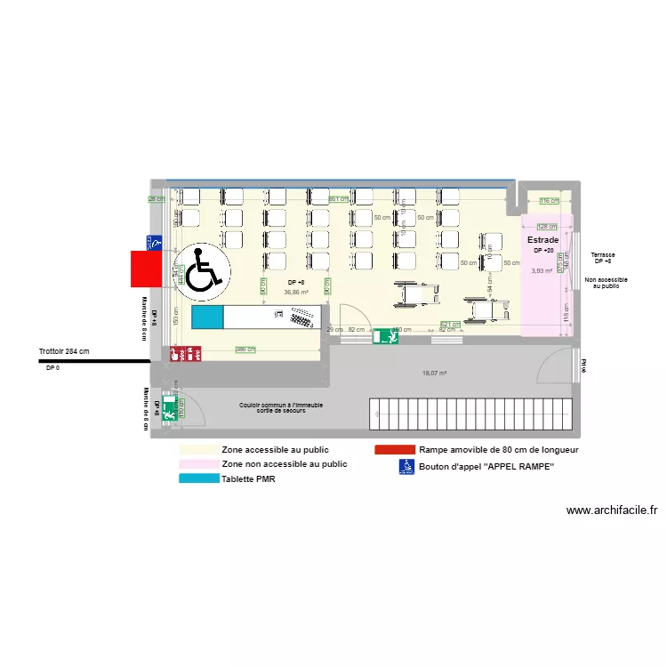 CHEZ LES ARTISTES apr&egrave;s travaux avec place PMR. Plan de 