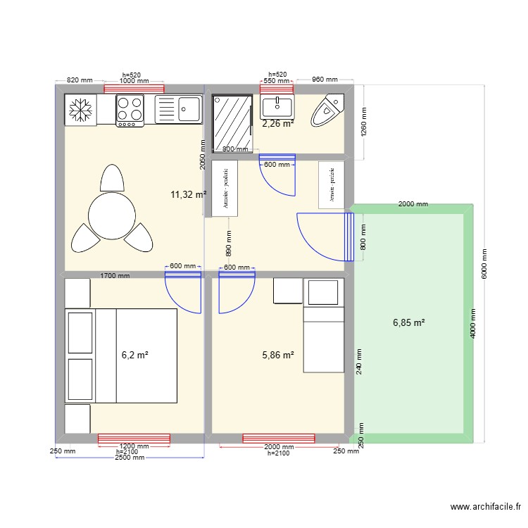 2 цйуеп. Plan de 5 pièces et 32 m2