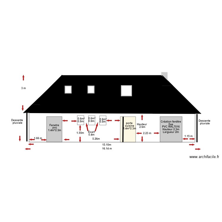 FACADE ARRIERE APRES OUVERTURE LONGUENESSE. Plan de 1 pièce et 39 m2