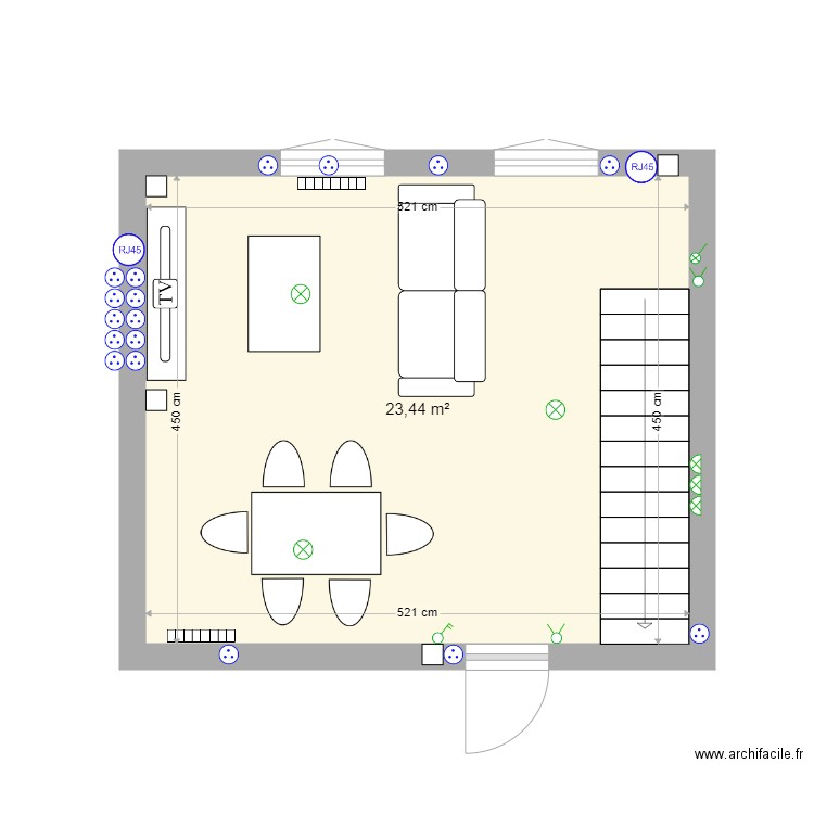 Salon. Plan de 1 pièce et 23 m2