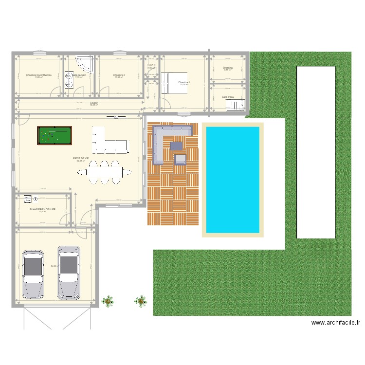 Plan maison en L. Plan de 11 pièces et 182 m2
