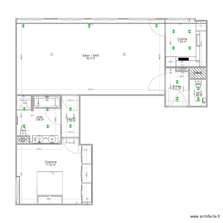  cler. Plan de 10 pièces et 83 m2