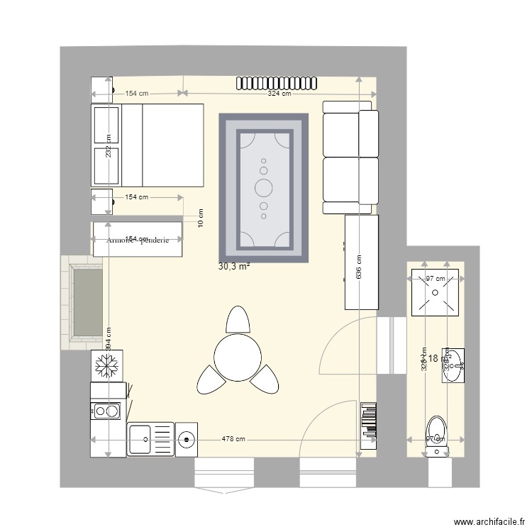 studio. Plan de 2 pièces et 33 m2