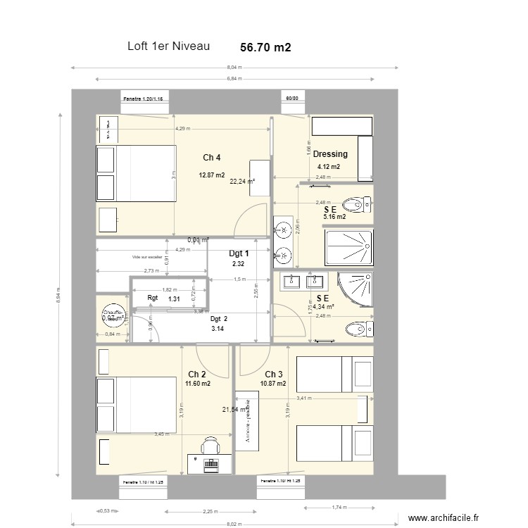 Loft 1 Niveau, Modifications 1. Plan de 5 pièces et 49 m2
