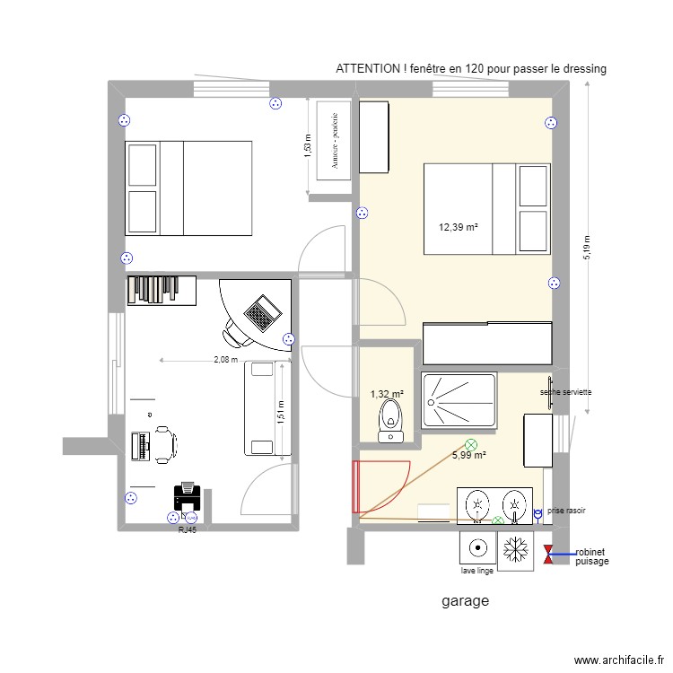 bureau chambres. Plan de 3 pièces et 20 m2