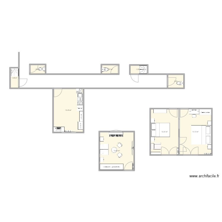 chambres. Plan de 9 pièces et 59 m2