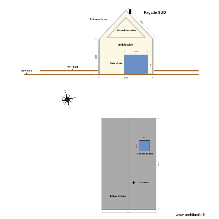 Coupe longitudinale et toitures. Plan de 2 pièces et 34 m2