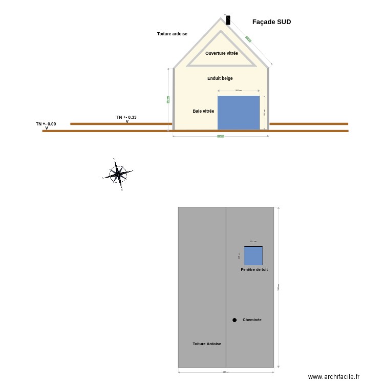 Coupe longitudinale et toitures. Plan de 0 pièce et 0 m2