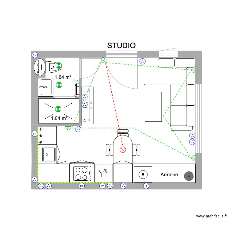 STUDIO ÉLECTRICITÉ. Plan de 3 pièces et 20 m2