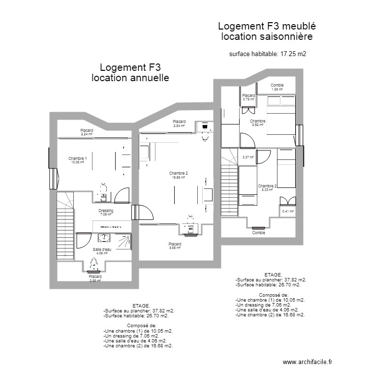 Logement type F3 location annuelle et type F3 location saisonnière. Plan de 0 pièce et 0 m2