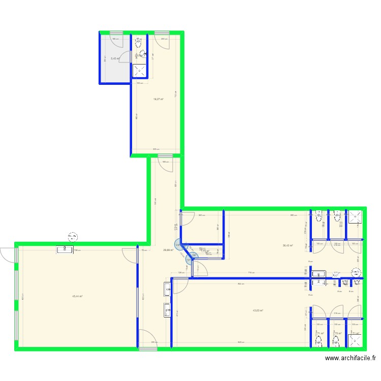 Sanitaire RDC. Plan de 2 pièces et 9 m2