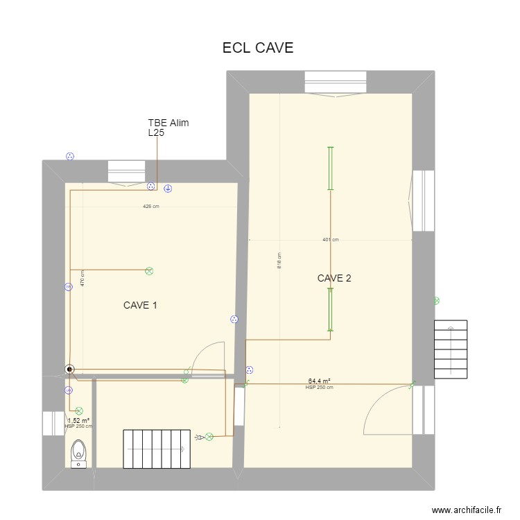 ECL CAVE. Plan de 2 pièces et 66 m2