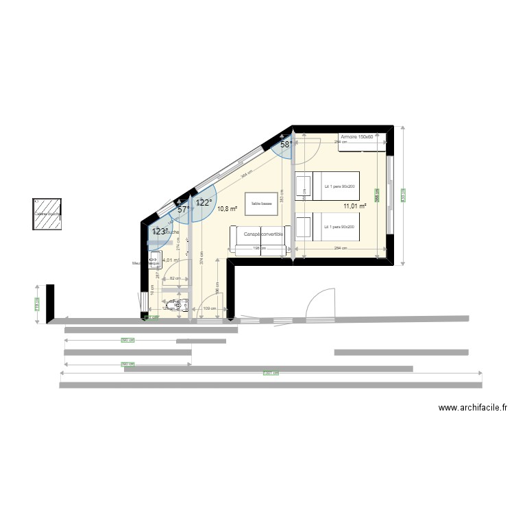 Favone Triangle 1 Ch Salon. Plan de 3 pièces et 26 m2