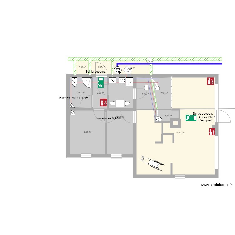 coifure alim. Plan de 13 pièces et 73 m2