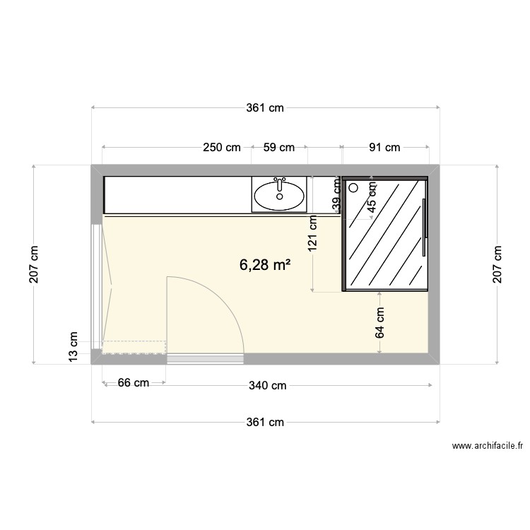 bain. Plan de 1 pièce et 6 m2