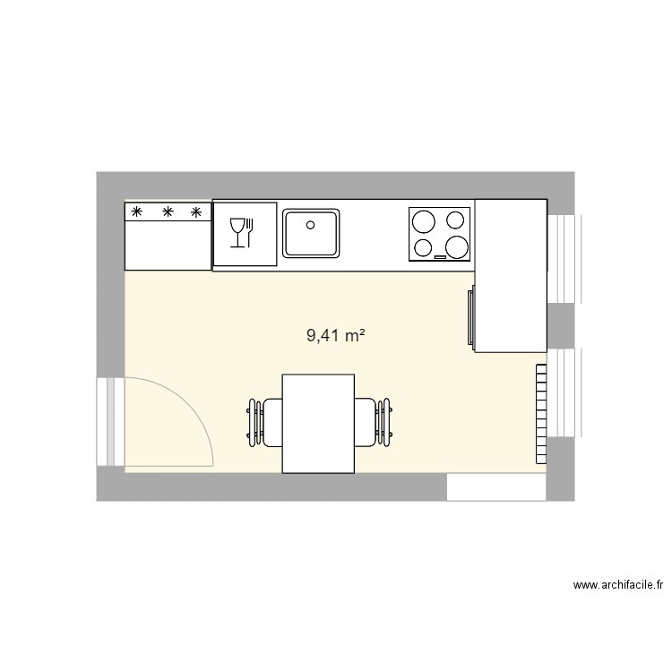 Cuisine RDC. Plan de 1 pièce et 9 m2