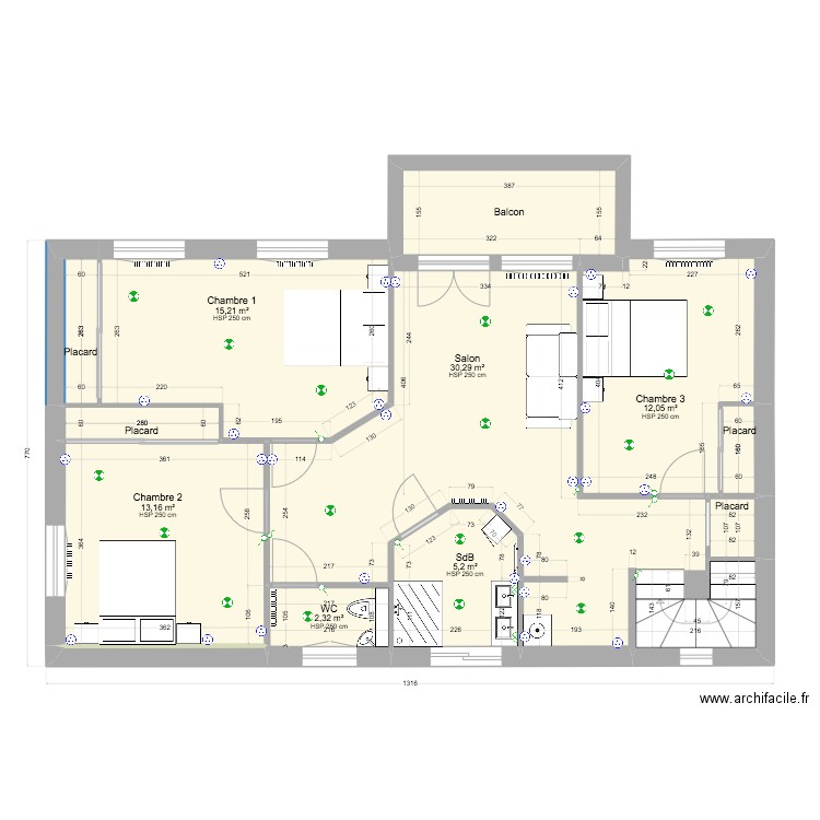 Cotations 1er étage Projet 9. Plan de 13 pièces et 89 m2
