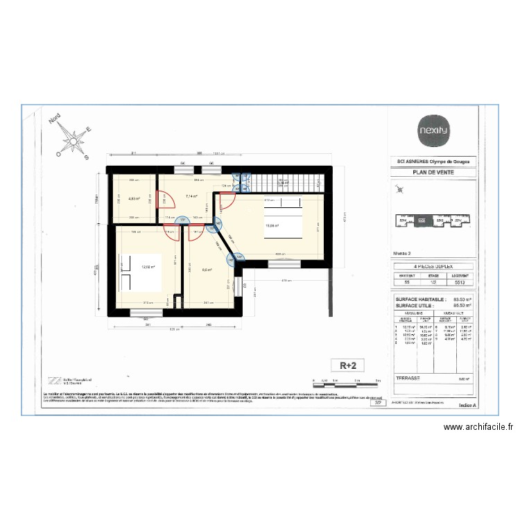 Plan avec escalier initial. Plan de 6 pièces et 51 m2