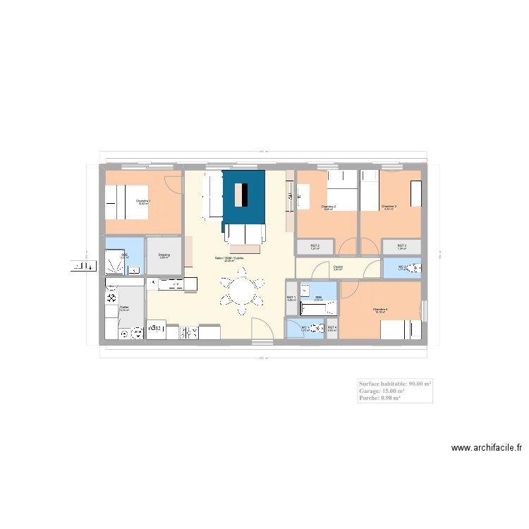 120 m2 RECTANGLE . Plan de 16 pièces et 109 m2