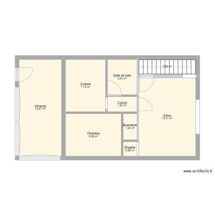 R+1. Plan de 9 pièces et 54 m2