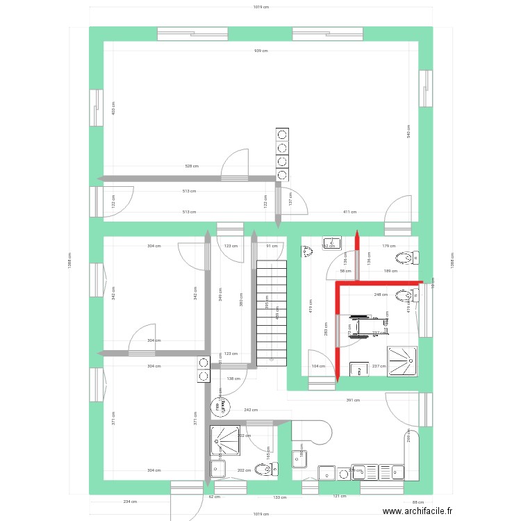 Caro RdC sanitaire sans casser. Plan de 9 pièces et 111 m2