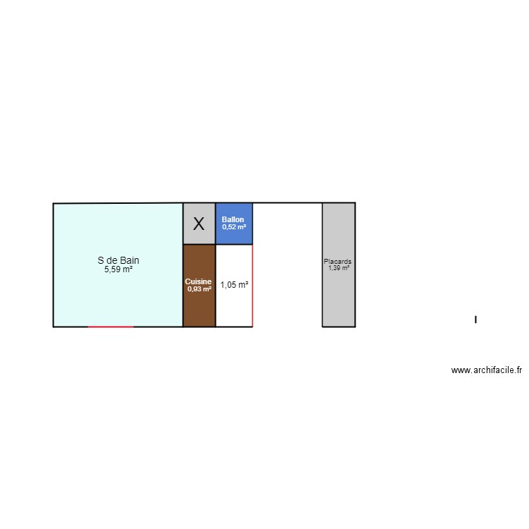 Salle de bain cuisine couloir placard . Plan de 6 pièces et 10 m2